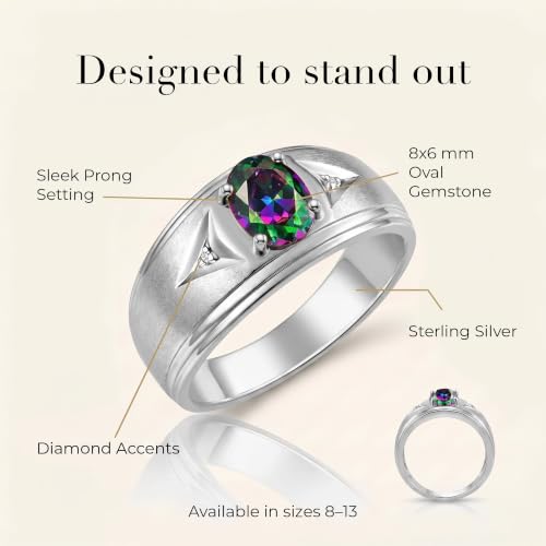 Image of Rylos Men's Rings Classic Design 8X6MM Oval Gemstone & Sparkling Diamond Ring - Color Stone Birthstone Rings for Men, Sterling Silver Rings in Sizes 8-13. Elevate Your Style with Timeless Elegance!