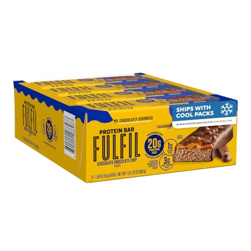 Image of FULFIL Chocolate Chocolate Chip Flavored Protein Bars, 1.94 oz (12 Count) | 20g Protein, 1g Sugar, 3g Net Carbs, Protein Snack for Breakfast, Workout and Travel, Gluten Free Snacks, 12 Snack Bars