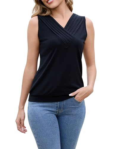 Merino Wool Pleated V Neck Tank Top for Women for Work, Sleeveless Summer Shirt for Women, Moisture Wicking Camisole