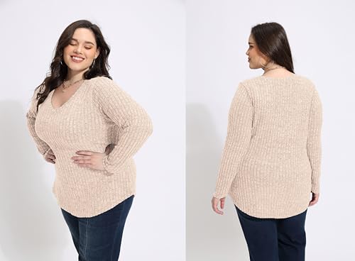 Image of RITERA Plus Size Sweater, Ribbed Long Sleeve Solid Top for Women | Soft vertical ribbed knit, modest V neck, loose long sleeves, curved swing hem, slimming casual layering top for curvy women