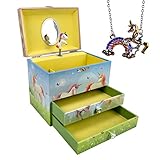 The San Francisco Music Box Company Friendship Magical Unicorn 2 Drawer Musical Jewelry Chest with Rainbow Unicorn Necklace