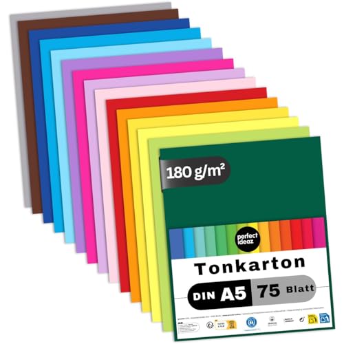 perfect ideaz 75 Blatt Tonkarton DIN-A5, 15 Farben, 180 g/m², made in Germany, Blauer Engel zertifiziert