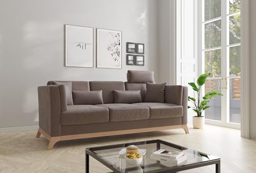 Cavadore 3er-Sofa Vida / 3-Sitzer Couch im trendigen Design mit massivem Holzrahmen in Buche, Kopfstütze mit Kuschelkissen / 213 x 84 x 93 / Mikrofaser, Hellbraun – Bild 3