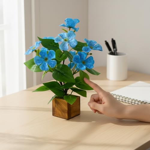 Image of fancymart Artificial Flower Plant Set of 2 with Wooden Pot - 23 cm Height | Real-Touch Faux Floral Decor for Home, Office, Living Room, Bedroom, Desk & Gift Purpose