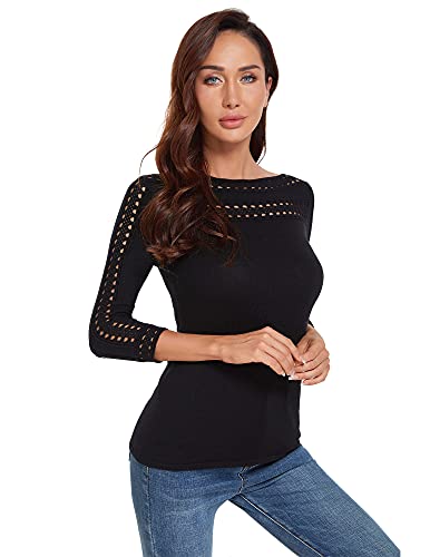 AmélieBoutik Women Boatneck Eyelet Trim 3/4 Sleeve Knit Top Sweater2