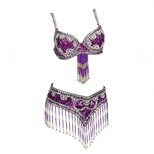 AMENGJ Top Danza del Vientre Disfraz Traje de Baile de Dos Piezas con Sujetador y cinturón con Cuentas de Lentejuelas de Estilo Oriental for Mujer(Color 7,S)