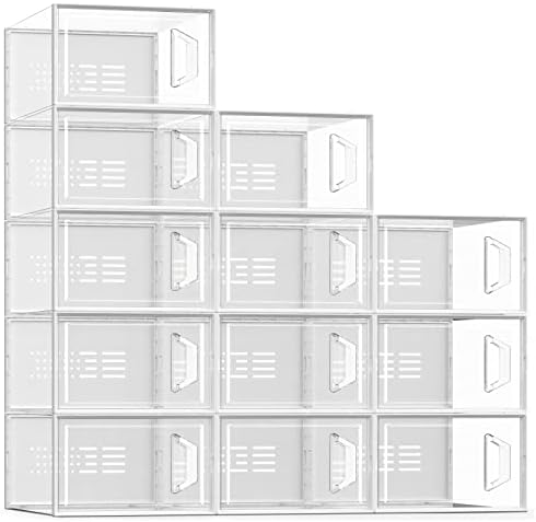 SEE SPRING Large 12 Pack Shoe Storage Box, Shoe Organizer for Closet, Clear Plastic Stackable Shoe Boxes, Space Saving Foldable Sneaker Shoe Rack Containers Bin Holder (Clear)