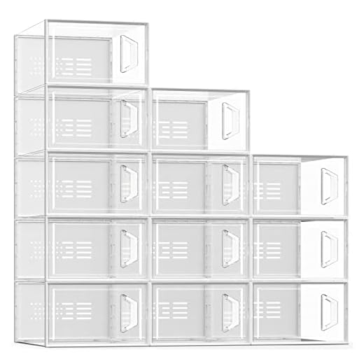SEE SPRING Large 12 Pack Shoe Storage Box, Shoe Organizer for Closet, Clear Plastic Stackable Shoe Boxes, Space Saving Foldable Sneaker Shoe Rack Containers Bin Holder (Clear)