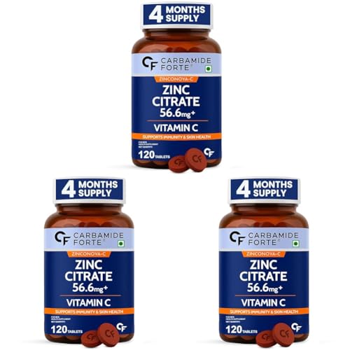 Image of Carbamide Forte Zinc Citrate with Vitamin C | Zinc Supplements for Men & women with 100% RDA Zinc | Immunity & Cellular Health Support - 120 Tablets (Pack of 3)