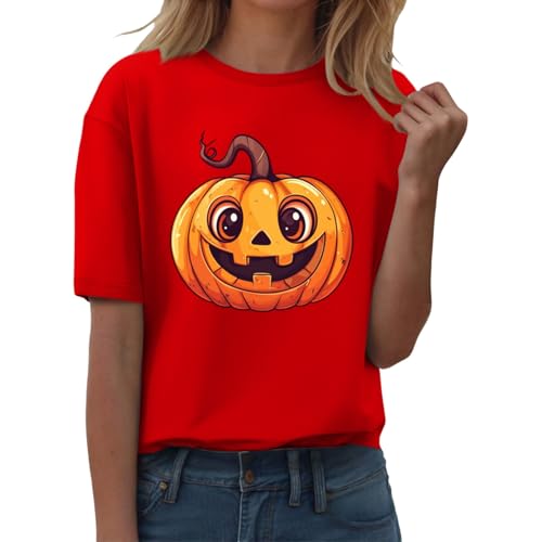 Camiseta de Halloween para mujer, pantalones cortos, manga gráfica, cuello redondo, calabaza, estampado informal, otoño, camisas de otoño 2025, elástico, informal, carnaval, fiesta, Halloween, disfraz