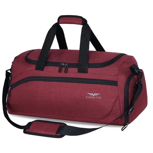 FIORETTO 50L Mens Sports Gym Bag with Wet Pocket & Shoe Compartment,Travel Duffle Bag Overnight Bag with Padded Shoulder Strap, Water-Resistant Sports Holdall for Swimming, Basketball Red