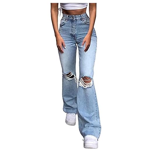 Dam Stretch Straight Jeans Hål Baggy Pojkvän Jeans Byxor Tonårsflickor Casual Denimbyxor Mjuka Byxor Fritidsbyxor (Color : Light Blue, Size : X-Large)