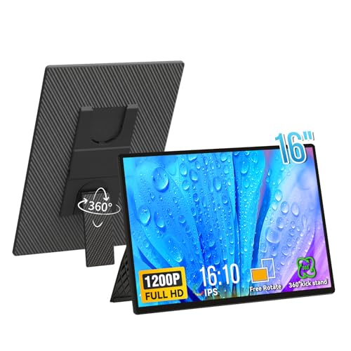 Portable Monitor 16' 1200P FHD Laptop Screen Extender, Horizontal Vertical Monitors with Detachable Kickstand, Built-in Speakers, Plug & Play Computer Gaming Travel Monitor for Wins Mac Chrome Phone