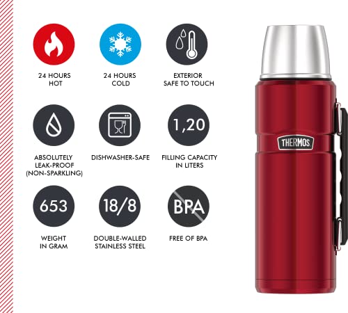 Foto von Thermos Stainless King Thermosflasche rot 1,20l - Edelstahl, absolut dicht, mit Trinkbecher und Griff, 12h heiß & 24h kalt, spülmaschinenfest, BPA-frei