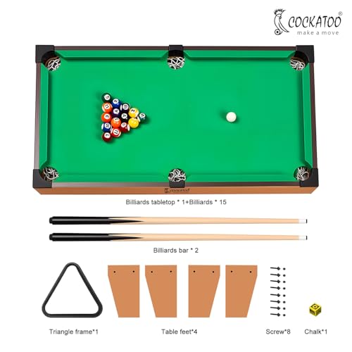 Image of Cockatoo Portable Pool Table for Kids, Indoor and Outdoor Table-(Big) Games for Kids, Billiards Game with 15 Colored Balls, 2 Pool Sticks, Cue Ball, Cue Chalk and Triangle, Size 69 * 36.5 * 17cm