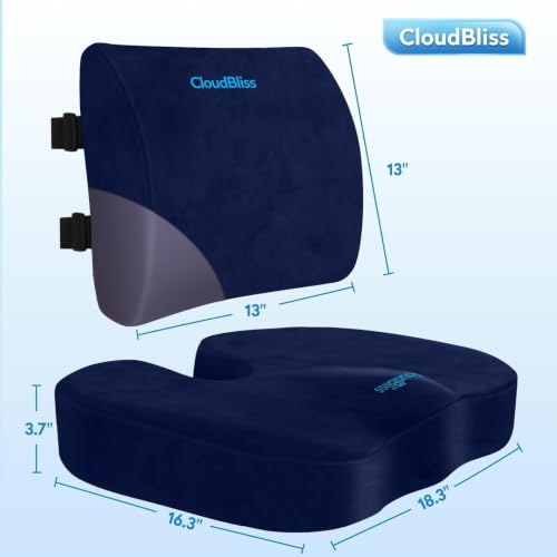 Image of CloudBliss Lumbar Support Pillow & Seat Cushion Set for Office Chair, Desk Chair, Wheelchair & Car-Memory Foam Back Support,Ergonomic Chair Cushions, Sciatica Pain Relief,Home Essentials(Blue,XL)