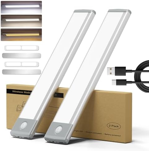 LEPOTEC Under Cabinet Lighting, Montion Sensor Light Indoor 3 Color Temps, 35 LED Dimmable Under Counter Lights for Kitchen, Wireless Rechargeable Night Light Closet Lights 1700mAh (2 Pack)