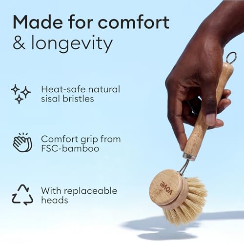 Vove Bamboo Dish Brush, FSC-Certified - Includes 3 Replacement Heads - Natural Fiber Bristles - Non-Toxic, Plastic-Free - Scrub Brush for Pots, Pans & Dishes