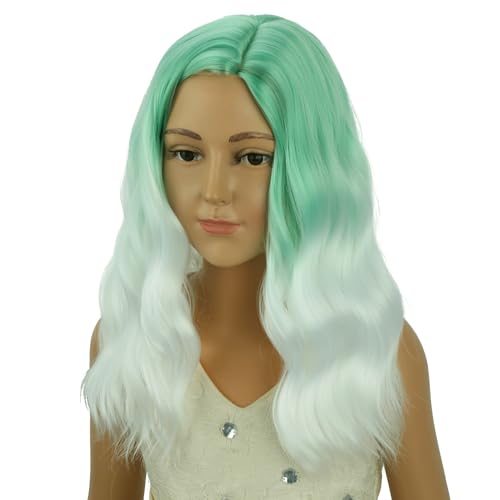 Image of PATTNIUM Girls Mint Green Ombre White Short Curly Wavy Wigs Side Part Shoulder Length Heat Resistant Synthetic Wig Halloween Cosplay Costume Party Wigs