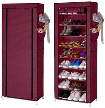 VOZICA Collapsible Wardrobe Organizer, Storage Rack for Kids and Women, Clothes Cabinet, Bedroom Organiser Tower with Iron and Nonwoven Fabric with Zippered Dustproof Cover- 9 Layer Maroon