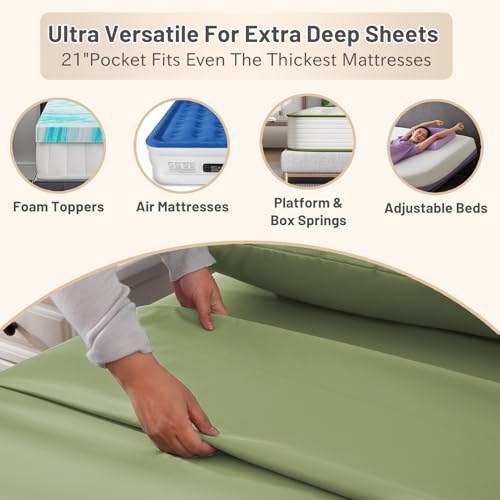 MEISHANG Extra Deep Pocket Queen Sheets Cotton - 1000 Thread Count Sheet Set - Fits 18"-24" in Deep Mattress,100% Egyptian Cotton,Sateen Weave, Soft & Breathable - 4 Piece (Queen, Olive Green)