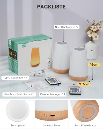 WARMLIO Nachttischlampe 2er Set mit Fernbedienung, LED Nachttischlampe Touch Dimmbar mit 13 Farben, LED Tischlampe Kabellos USB Aufladbar mit Timer, Nachtlicht Nachtlampe für Wohnzimmer Kinderzimmer