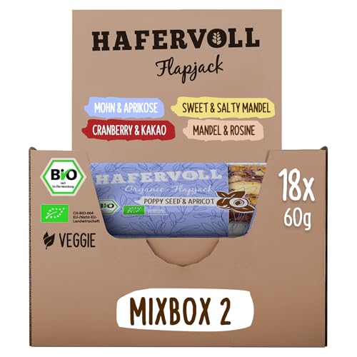 HAFERVOLL neue Organic Mixbox, 4 Flapjack-Sorten mit einer veganen Sorte, 18 x 60g Bio-Müsliriegel, Bio-zertifiziert, Almond & Raisin, Poppy Seed & Apricot, Sweet & Salty Almond, Cranberry & Cacoa Nib