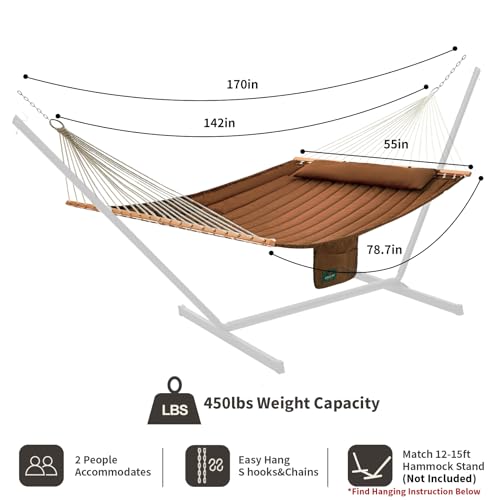 Image of Double Quilted Fabric Hammock with Hardwood Spreader Bars and Pillow 450 LBS Capacity 2 Person Large Hammock for Outdoor Patio Backyard Poolside - Brown