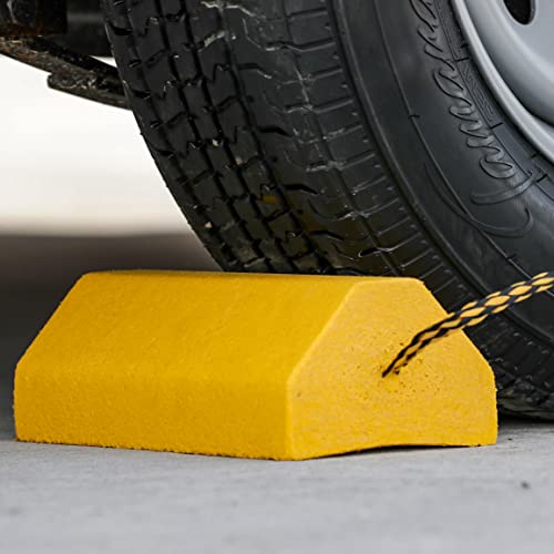 Image of Buyers Products WC9642Y Yellow Small Wheel Chock Set, Lightweight Composite Construction, 32.75 Inch Rope, Ideal for Vehicle Maintenance and Storage, Aviation and Tractors