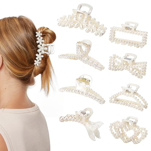 CWJCYTNSN 8 PCS Hair Clips for Women Large Hair Claw Clips for Thin Thick Curly Hair Styling Pearl Jaw Clips Strong Hold Nonslip Fashion Hair Accessories for Bridal Wedding