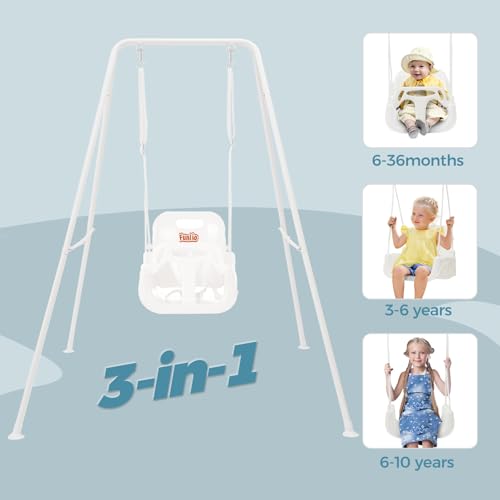 FUNLIO 3-in-1 Babyschaukel mit Gestell mit 4 Sandsäcken, Kinderschaukel mit Sicherheitsgurt für Drinnen & Draußen, Zusammenklappbarer Metallständer & Klare Anleitung, Einfach zu Montieren - Weiß