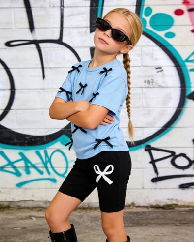Image of Kids Girl Clothes Heart Print Short Sleeve Top and Shorts Cute Girl Summer Outfits Short Set
