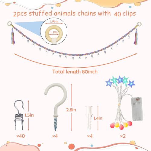 Image of 2PCS Stuffed Animals Storage Chain Organizers 80 inch Cotton Hanging Storage Chain with 2x 10 Led Light 40 Metal Clips Stuffed Animal Display Holder Chain for Nursery Play Room (Rainbow)