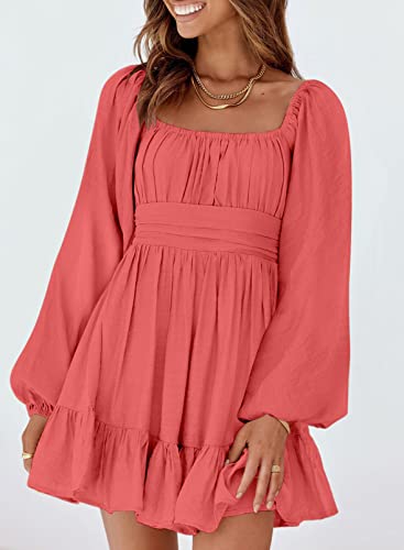 Image of Dokotoo Womens Dress Lantern Sleeve Elastic Waist Tie Backless Mini Dress | Square Neck,Off Shoulder,Flowy,Ruffle A-Line,Casual,Mini Dress,Beach Vacation Clothes,Fall Outifits,Wedding Guest,Boho