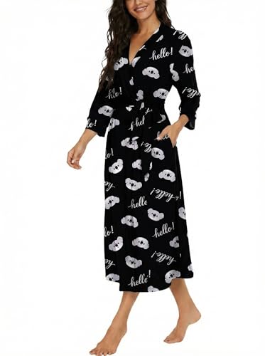 Image of VINTATRE Robes for Women Long Knit Bathrobe XS-4XL | 3 /4 Sleeve Bathrobes with Pockets, Stretchy and Lightweight Fabric, Inner Tie and Fixed Outer Belt, Mid Calf Length