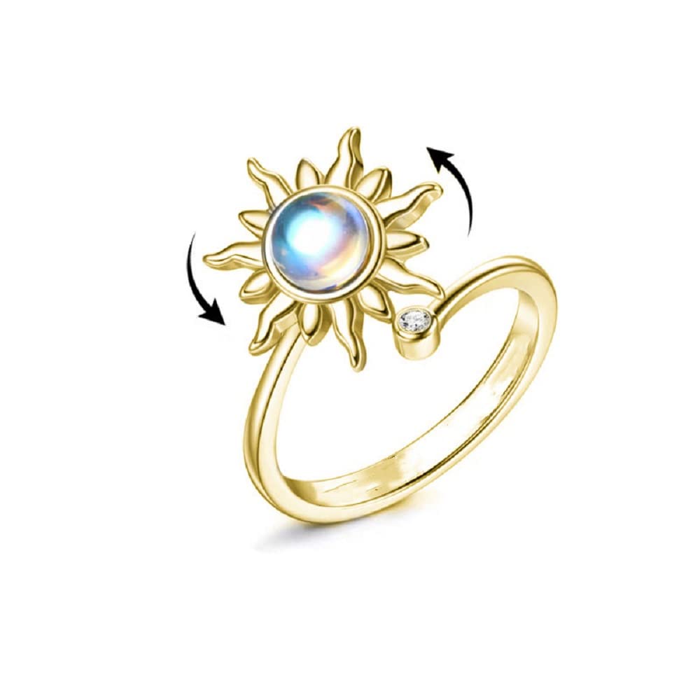 COLORFUL BLING Anxiety Fidget Ring - Adjustable Flower Moon Star Spinning Ring for Stress Relief - Stackable Jewelry for Women