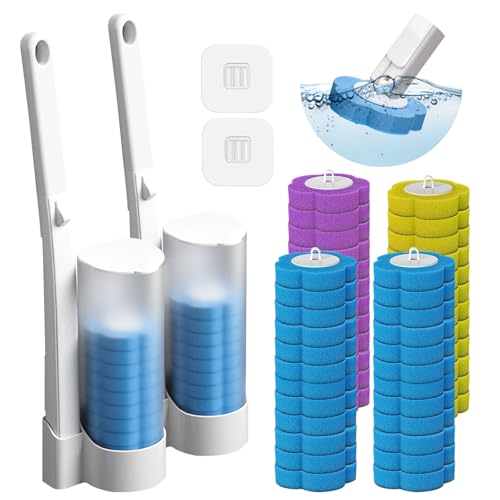 2 Pack Disposable Toilet Brush & Holders Set with 48pcs Cleaner Refills Scented Pads Wall Mounted white Plastic Long Handled Bathroom Toilet Brush with Disposable Head