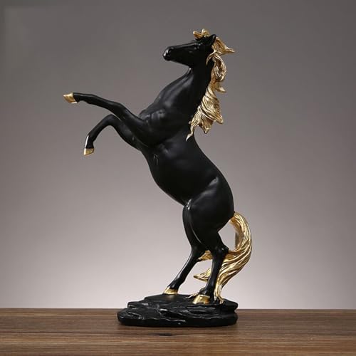 金の馬の像の置物 - 樹脂製の立つ闘馬の彫刻、ホームオフィスの装飾、卓上装飾品(Black)