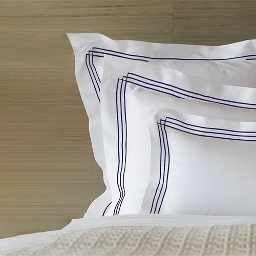 Image of Pure Cotton 500 TC Solid Pillow Cover Set | Greek Embroidered Pillow Cover Set | Percale Weave | 18 X 27 Inches (2, White - Triple Navy Blue)