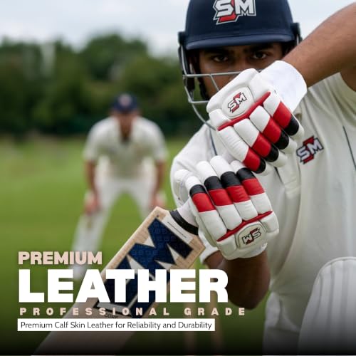 Image of SM Power Batting Gloves Men's | Cricket Gloves | Super Test Model | Imported Sheep Leather Palm | Full Fibre Shield | Plastazote Thumb Protection | Water-Repellent | Professional Gloves | Size Men's