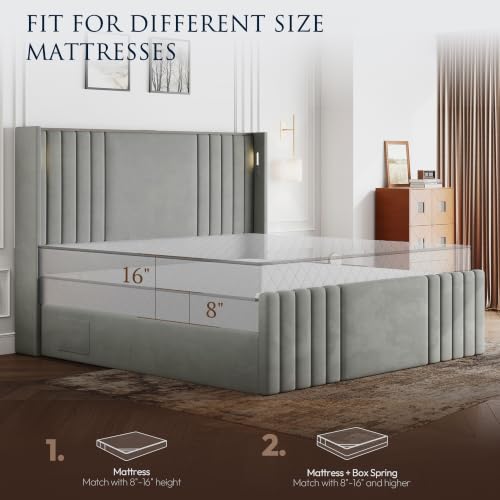 Image of Queen Bed Frame with 55.1 inch Tall Headboard, Velvet Upholstered Platform Bed with Channel Tufted Wingback, 2 Reading Lights /Storage Shelf /Charging Station /Easy Assembly /Noise-Free, Grey