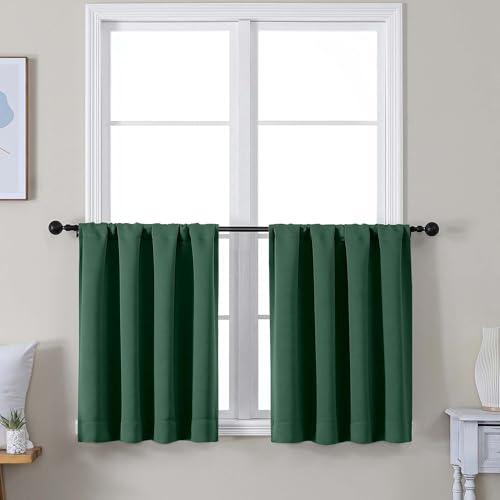 Image of Simplebrand Ava Ever Green Short 30 Inches Blackout Curtain 2 Panels Set, Half Window Rod Pocket Privacy Curtain Tiers for Kitchen, Curtains Blackout for Bathroom Shades, W30 x L30 Inch, Navy Blue