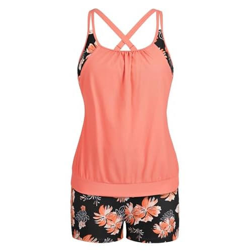 Arolina Tankini Swimsuits for Women Modest Two Piece Blouson Bathing Suit Tank Top with Boy Shorts Pockets (S-24W) Orange Flowers X-Large