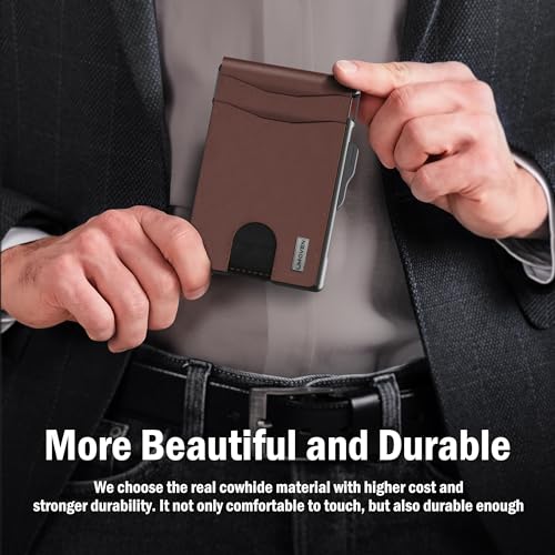 Image of umoven Wallet for Men - Slim Leather RFID Blocking Bifold Minimalist Wallet with Metal Pop-Up Card Holder, Money Clip, Credit Card Slots - Men's Wallet, Chocolate Brown