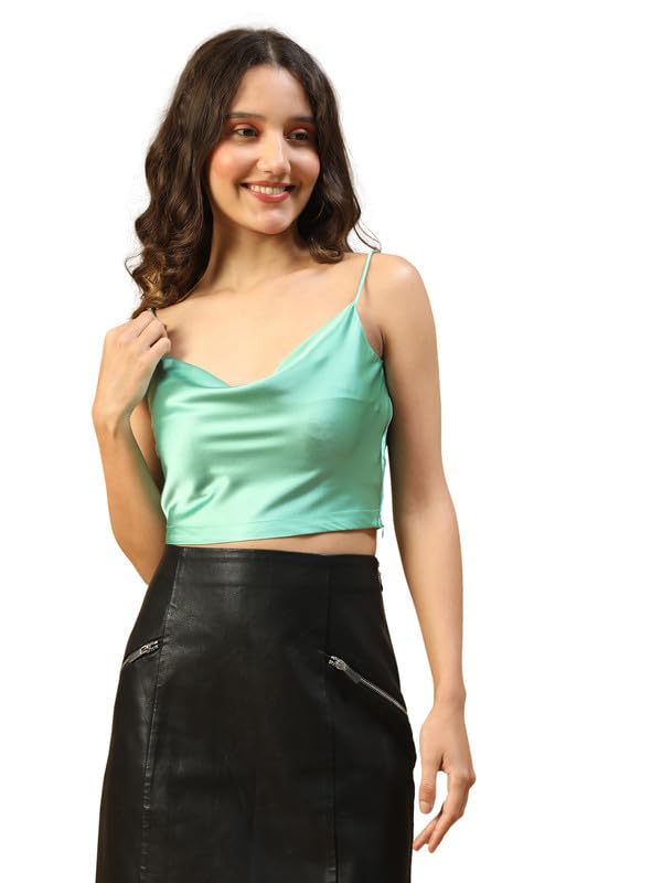 oxolloxo Women Solid Shoulder Strap Cowl Neck Satin Crop Top