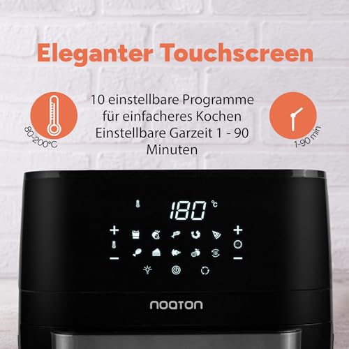 Noaton A120 Ultra Pro Heißluftfritteuse 12L, Fritteuse ohne Öl, Online Rezeptbuch und 26 cm Küchenzange, 1800W, 10 Programme, Digitalem Display, Kompakt, für 1-4 Personen, Schwarz – Bild 6