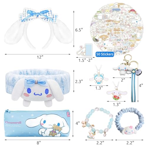 Image of ZIBUYU 9Pcs Kawaii Cinnamoroll School Kit for Girls, Stuff Cute Stationery School Supplies Set Headband, Ear Dog Headband, Hairband, Stationery Pouch, Stickers, Necklaces, Bracelet, Keychain