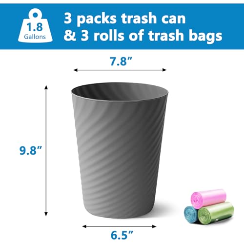 Lysam LS-12TCGREY-3P Bathroom Trash Can, 3 Pack 1.8 Gallons Small Trash Can With Trash Bags, Bathroom Garbage Can, Plastic Trash Bin, Round Waste Basket thumb #2