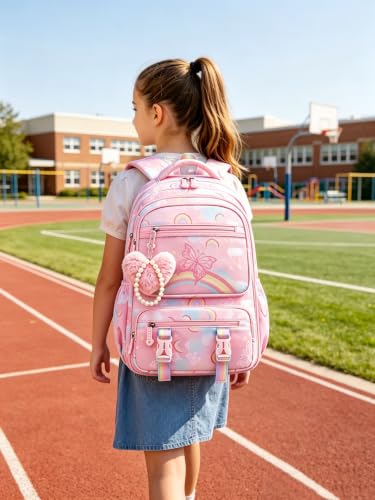 Image of Kids Backpack for Girls.Girls Backpack,School Bag for Kids.GirlsTeens Middle Student,Kawaii Children's Book Bag Rainbow Butterfly pink