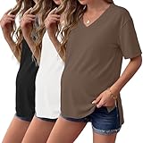 Ekouaer Maternity Shirts V Neck Pregnancy Clothes Short Sleeve Tunic Tops Split Side Black/White/Brown M